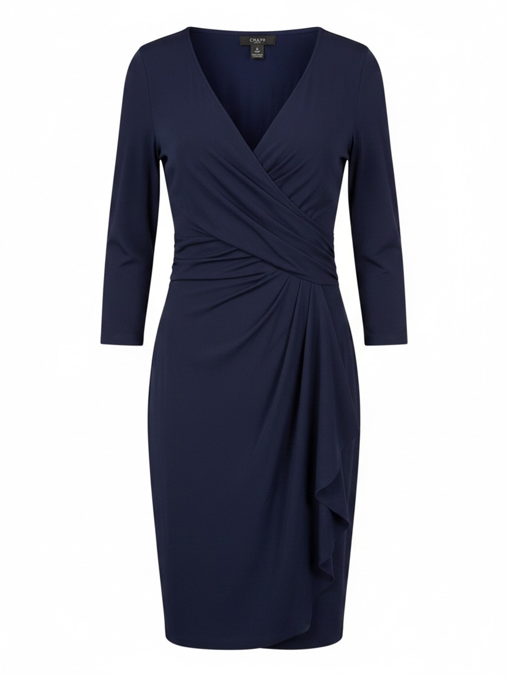Chaps Faux Wrap Dress Navy Blue M Ruched 3/4 Sleeve Stretch No Iron Classic Soft